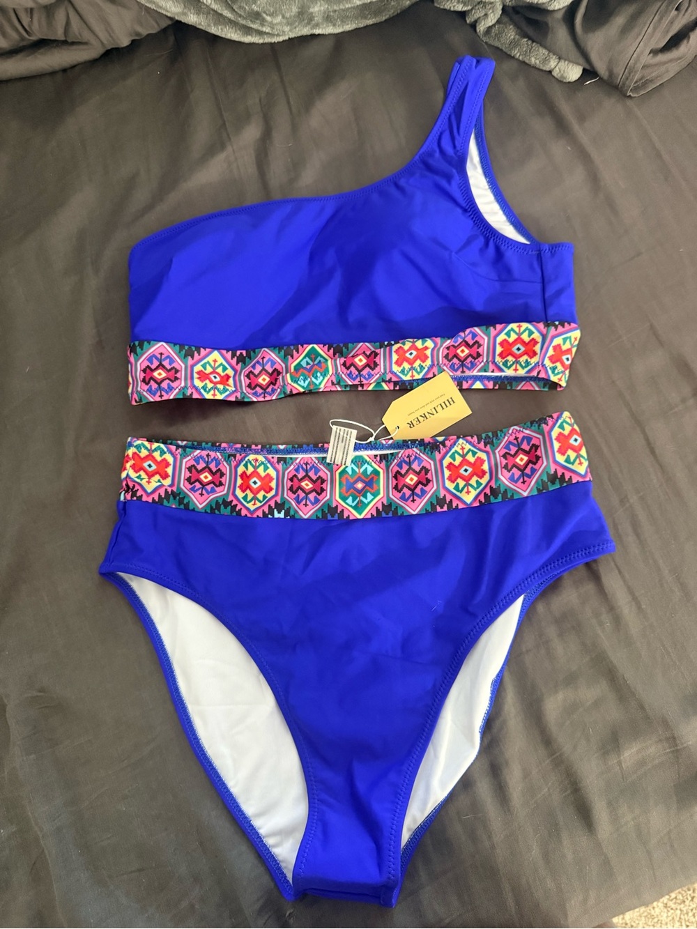 Hilinker Bright Royal Blue One-Shoulder Bikini with Colorful Aztec Trim